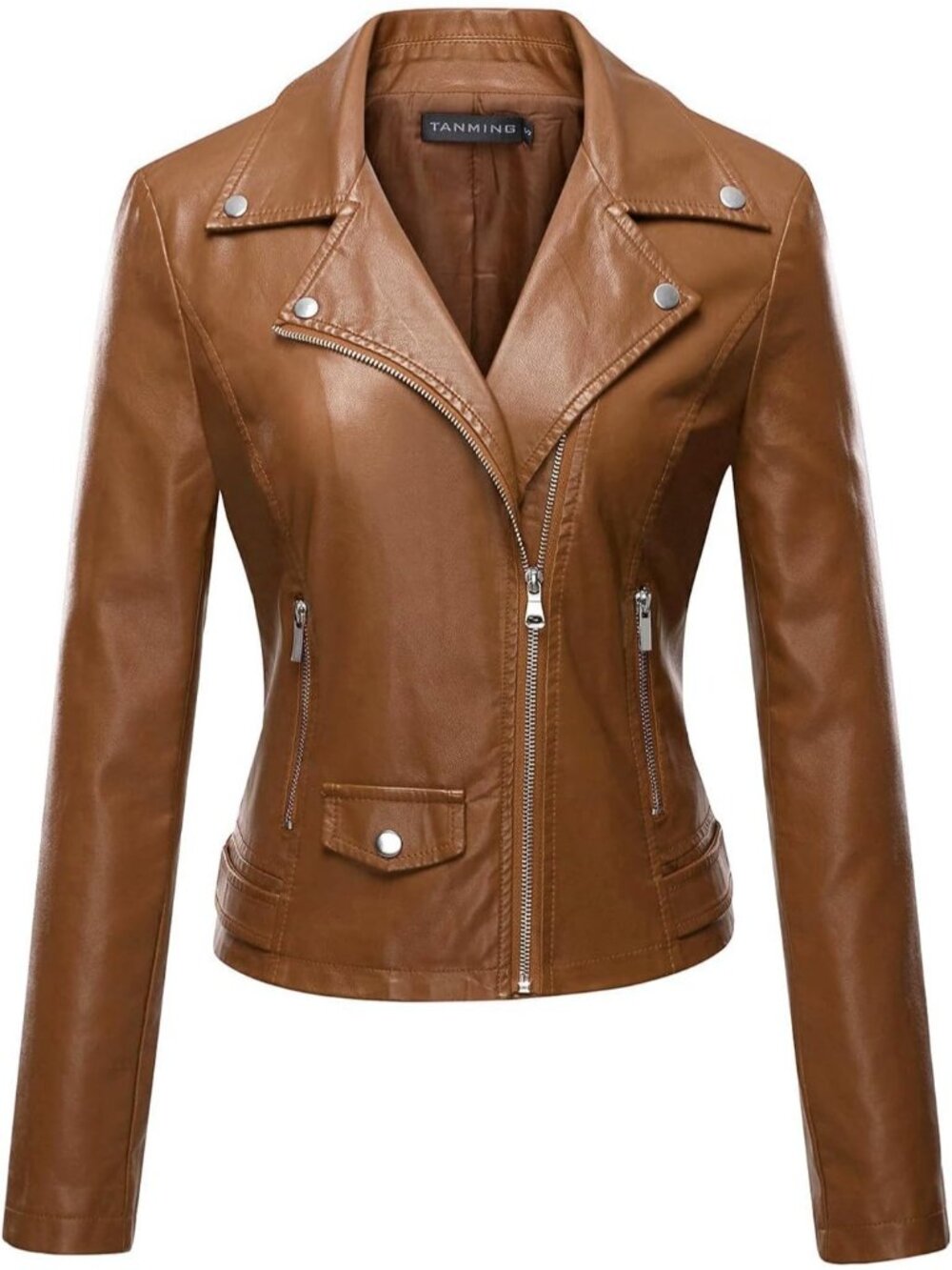 Women All Brown Faux Leather Moto Biker Jacket Slim Fit Zip Up Casual Short Coat